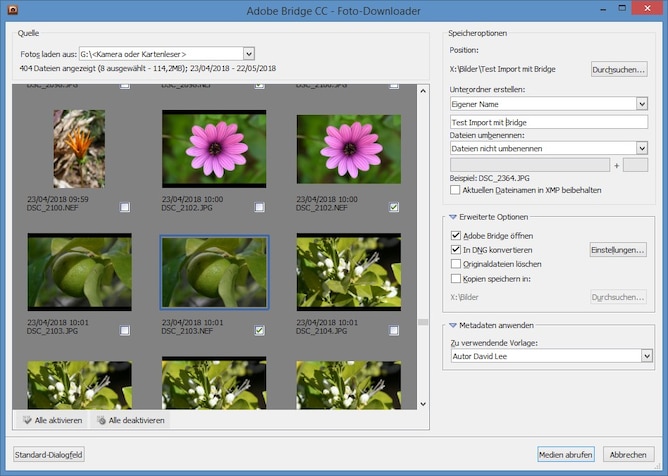 Der Foto-Import von Bridge: Sieht altbacken aus, kennt aber immer die neusten Raw-Profile und kann auch in DNG umwandeln.