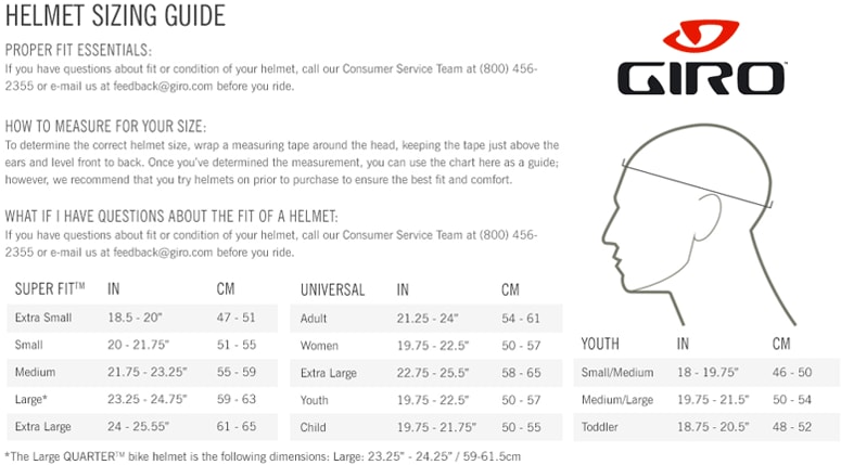 Giro cycling helmet size chart clearance