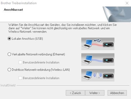 Bei der Installation der Treiber fragt Brother nach gewünschter Verbindung.
