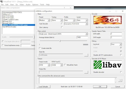 La configuration du codec. Pour mon test, je convertis exceptionnellement au mode «single pass».