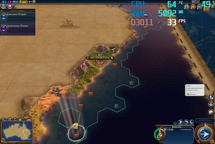 Civilization VI runs at 22 to 38 fps. The further you progress in the game (= more objects to be displayed), the lower the fps.