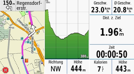Zwischen diesen drei Ansichten kannst du mit einem Wisch wechseln: Karte, Höhenprofil und diverse Informationen in der Übersicht.