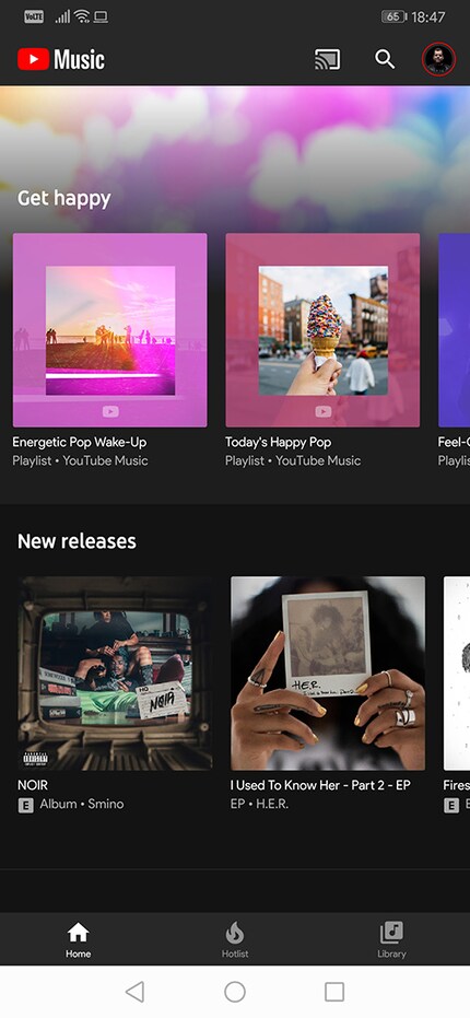 Der Hauptbildschirm unter Youtube Music