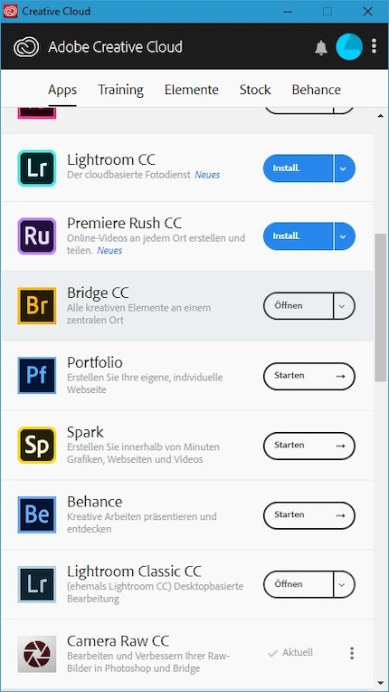 Adobe Creative Cloud – Die App-Verwaltung, mit der du die Bridge herunterlädst.