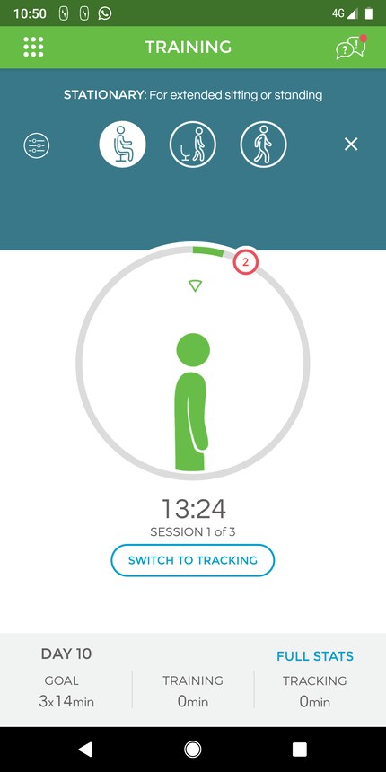 So sieht das Training in der App aus: Beugt sich das Männchen weiter als bis zum roten Kreis, meldet sich der Upright Go. Oben kannst du je nach Tätigkeit einstellen, ab welchem Punkt es das Feedback per Vibration geben soll.