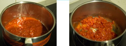 À gauche: tomates cuisant avec leur jus. À droite: tomates cuisant sans leur jus.