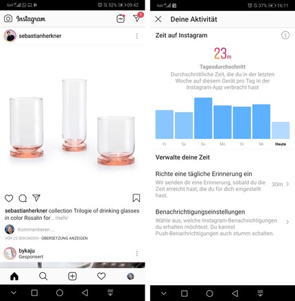 Liens : Mon flux Instagram. A droite : Le temps que je passe en moyenne sur l'application.