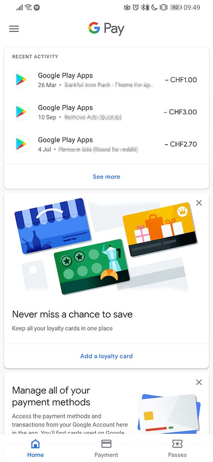 La schermata principale di Google Pay