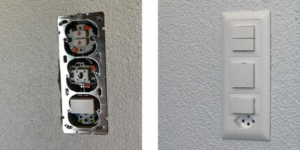 À gauche, l'interrupteur ouvert, à droite les touches recouvertes et la prise.