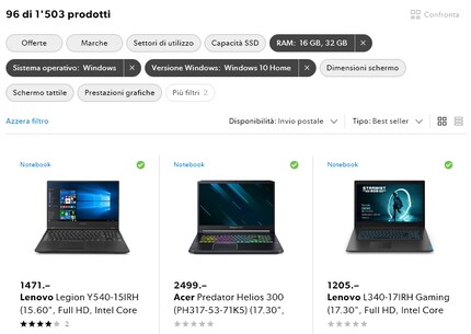 Filtri nella versione desktop