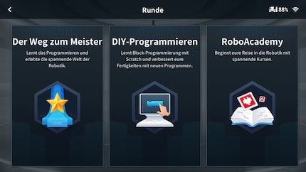 Tre possibilità di selezione nel menu del Laboratorio RoboMaster S1.