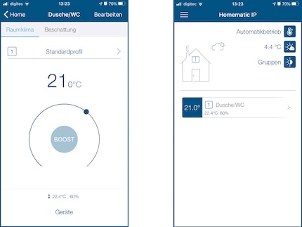 Vous voyez ici la température de base (21° Celsius) ainsi que la température actuelle (22.4° Celsius) et l'humidité (60%).