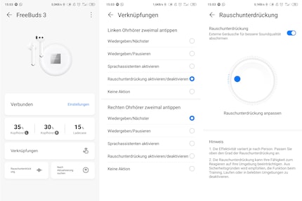 Rechts ist die Standard-Ansicht der App, in der Mitte kannst du festlegen, was beim Antippen passieren soll und links ist die Einstellung fürs Noise Cancelling.