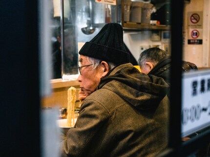 Ramen is finally socially acceptable here too. Old Japanese man in a ramen bar.