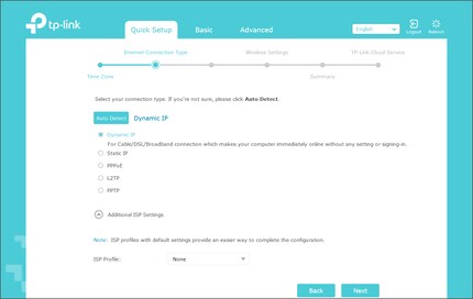 Der Internetverbindungstyp kann manuell oder automatisch festgelegt werden.