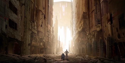 Les droïdes dans les ruines de Coruscant. En arrière-plan, la nouvelle capitale flottante du Premier Ordre.