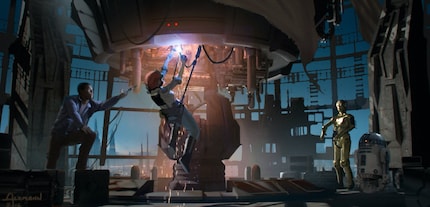 Finn, Rose, C-3PO et R2-D2 essaient de faire fonctionner le Nexus de Force.