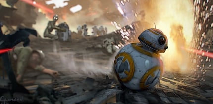 Le brave BB-8 sur les champs de bataille de Coruscant, C-3PO en arrière-plan et R2-D2 endommagé.