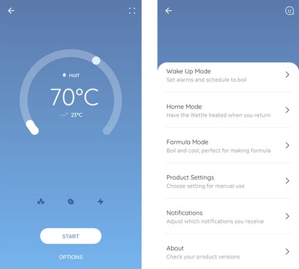 Startbildschirm der App (links) und weiterführende Optionen (rechts).