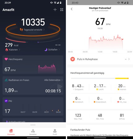 Startbildschirm der App und ein beispielhafter Pulsverlauf.