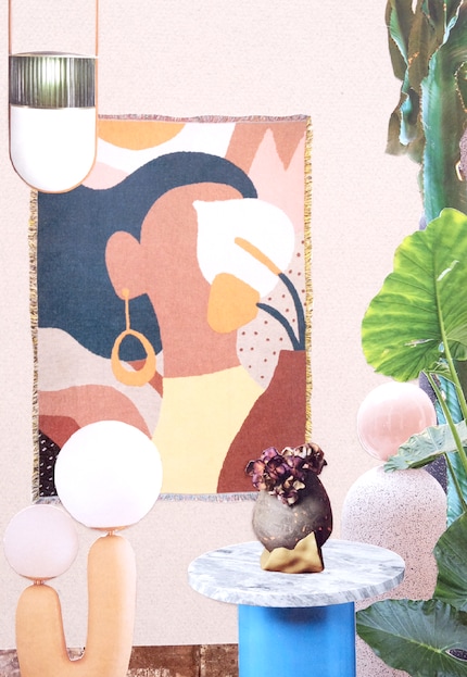 A compilation of designs by young, international design studios: pendant lamp by Neri & Hu, tapestry by Slow Design Studio, floor lamp by Eny Lee Parker, coffee table by e15, vase byWang & Söderström and the sculptures by Note Design Studio