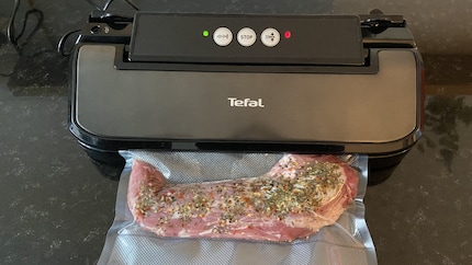 The meat is vacuum-packed after it’s been marinated.