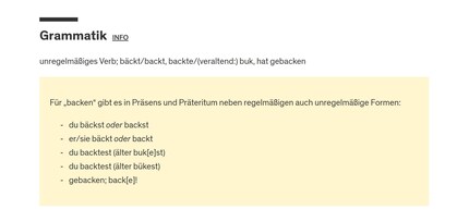 The conjugation of « backen», https://www.duden.de/rechtschreibung/backen_herstellen_garen.