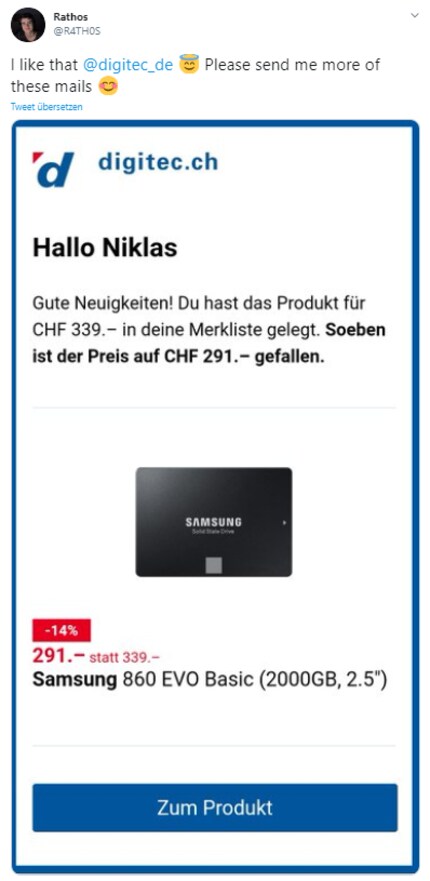 L'utilisateur Twitter et client digitec Rathos, est heureux d'apprendre cette bonne nouvelle.