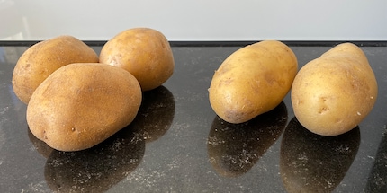 Tre patate farinose e due patate resistenti alla cottura prima di diventare patatine fritte.