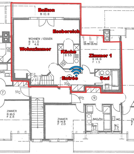 Das erste Dachgeschoss. Wi-Fi-Symbol in Blau: Standort Mesh-Erweiterung (Zweit-Router)