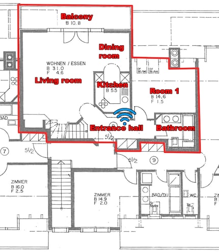 The first attic floor. Wi-Fi icon in blue: location of mesh extension (second router)