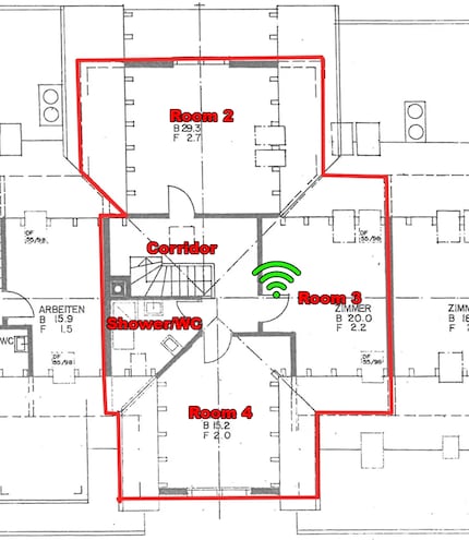 The second top floor. Wi-Fi icon in green: router location