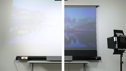 L'image avec et sans écran de projection. La différence se fait presque exclusivement avec les niveaux de noir ; bien meilleur sur la surface gris foncé.