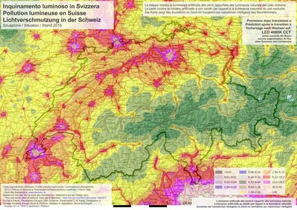 Die Lichtverschmutzung der Schweiz, Stand: 2015
