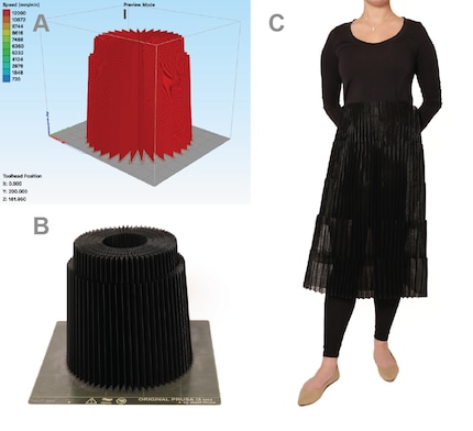 A) The digital version of the pleated skirt. B) The skirt as it comes out of the 3D printer C) This is how the 3D skirt looks when worn. Image: Jack Forman