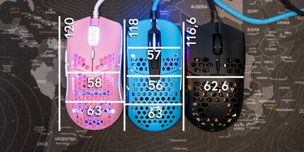 Länge und Breite der Mäuse in Millimeter. Pink: Model O- Blau: M42 Schwarz: MM710