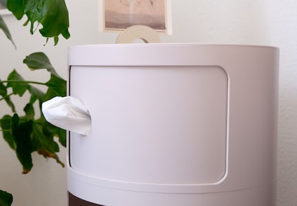 Que ce soit pour des mouchoirs ou des bouchons d'oreille, ce meuble de rangement permet de cacher beaucoup de choses.