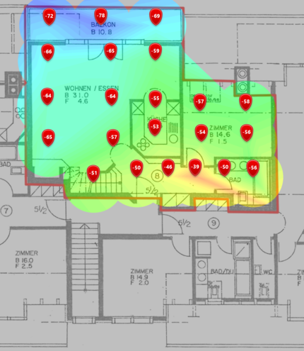 2,4-GHz-Signalpegel im ersten Dachgeschoss