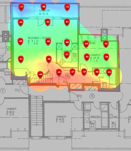 5-GHz-Signalpegel im ersten Dachgeschoss