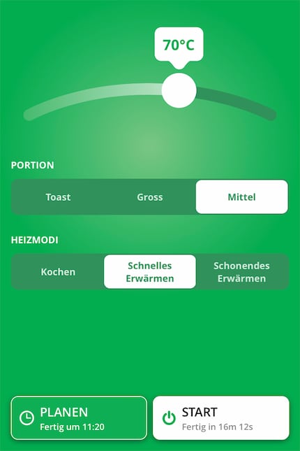 This is what the app looks like: the unit warmed up my medium parmigiana portion in just under 16 minutes.