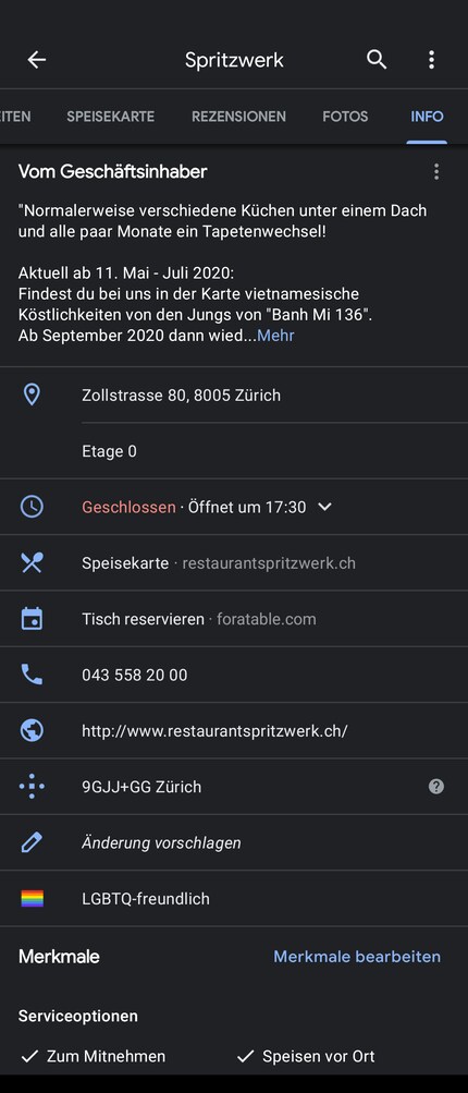 Lokalbesitzerinnen und -besitzer können via Google MyBusiness angeben, dass ihr lokal LGBTQ- freundlich ist – unter Informationen erscheint dann diese bunte Fahne.
