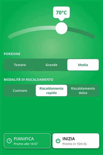 Panoramica dell’app: l’apparecchio ha riscaldato la mia porzione media di parmigiana in poco meno di 16 minuti.