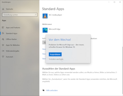 Was soll die Nachricht? Edge soll ich ausprobieren, obschon ich das Gegenteil tun möchte? Warum der dezent gehaltene «Trotzdem wechseln»-Knopf?