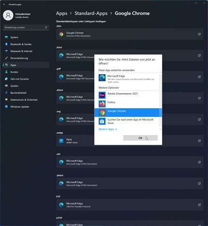 Wo früher eine einzelne Option zum Wechseln des Standard-Browsers bestand, sind nun zig webspezifischen Datei- und Linktypen, die alle einzeln geändert werden müssen.