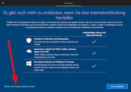 Erst nach dem Klick auf den Dialog, geht es definitiv mit einem Offline-Konto weiter.