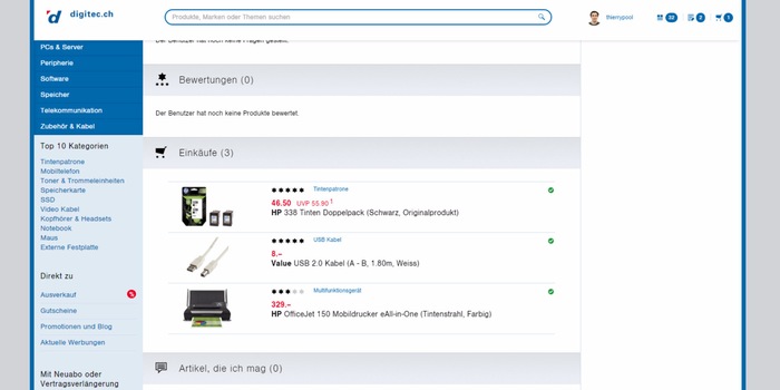 Im Benutzerprofil werden die letzten 10 gekauften Produkte angezeigt, falls die Option aktiviert wurde.