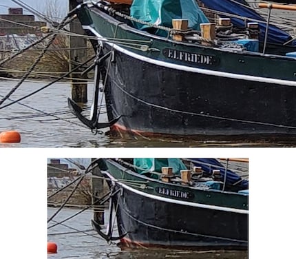 Ausschnitt aus der Ansicht in Originalgröße: Hauptkamera (oben) und Weitwinkelkamera (unten).