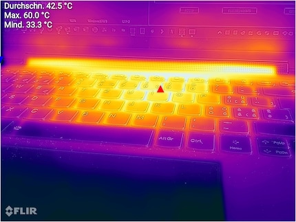 Con un utilizzo elevato continuo della CPU, il case del Lenovo Yoga 9i raggiunge i 60 °C vicino al tasto 8.