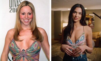 Mariah Carey en 2000 dans son haut Butterfly aujourd'hui légendaire. Et à droite, la chanteuse Dua Lipa en 2022 dans sa version Y2K.