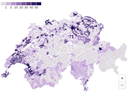 Quota di edifici residenziali con riscaldamento a gas per comune, in percentuale. Grafica: Watson, fonte: Ufficio federale di statistica (UST)